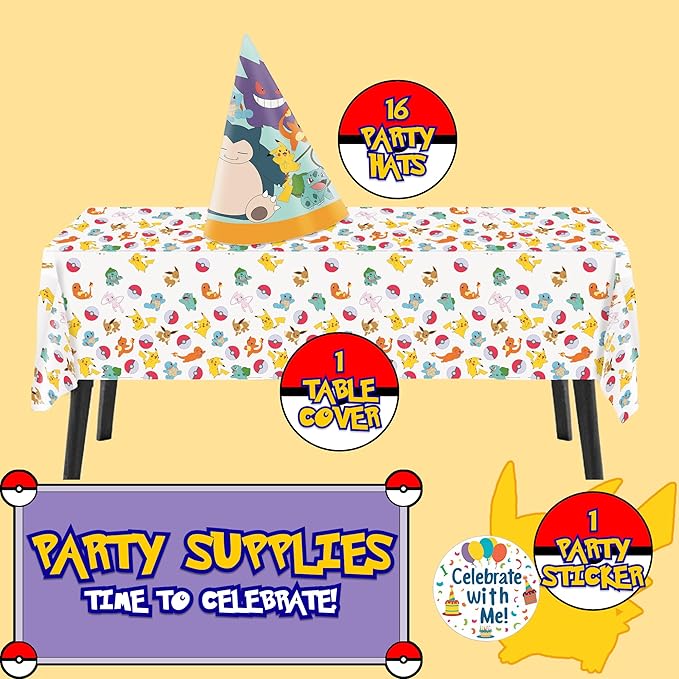 Unique Pokémon Party Supplies | Tabletop & Party Hats Set | Serves 16 | Officially Licensed | Plates, Napkins, Plastic Table Cover, Party Hats | Birthday Decorations For Kids & Classrooms