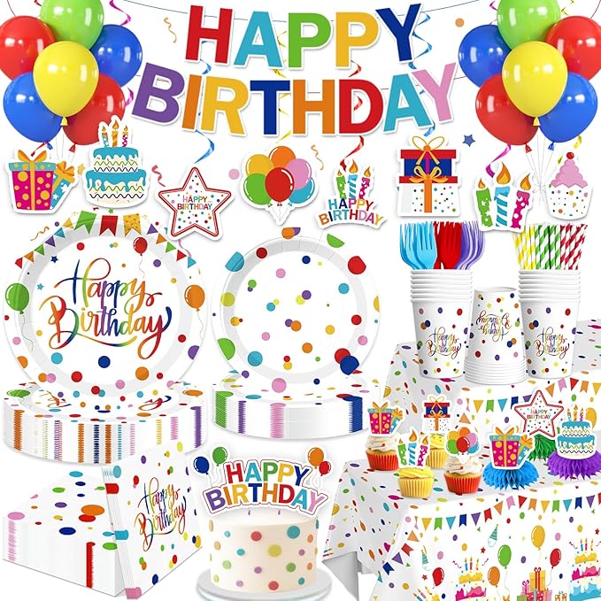 Xynic 214 PCS Colorful Happy Birthday Decorations, Colorful Dots Party Supplies With Banner, Cake Topper, Plates and Napkins, Happy Birthday Decorations for Boys and Girls, Serves 25 Guests