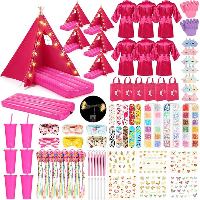 6 Set Sleepovers Teepee Tents Spa Party Robes Supplies Bulk with Inflatable Airbed and Light String, Party Supplies for Birthday Movie Spa Favors Gifts Indoor Outdoor (6 Rose Red)