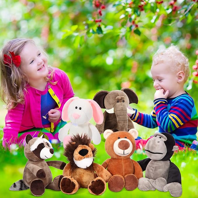 Lenwen 24 Pcs Safari Stuffed Animals Set 10 Inch Jungle Plush Animals Bulk Lion Elephant Giraffe Zebra Panda Soft Stuffed Toys for Jungle Party Favors, VBS Prizes Rewards Gifts