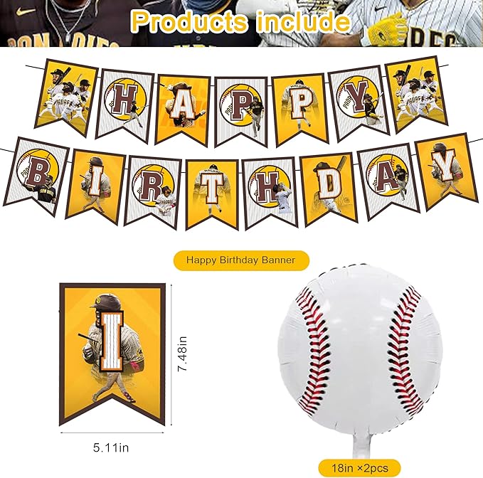 Baseball Team San-Diego Party Decorations,Birthday Party Supplies For Baseball Team San-Diego Party Supplies Includes Banner - Cake Topper - 12 Cupcake Toppers - 18 Balloons