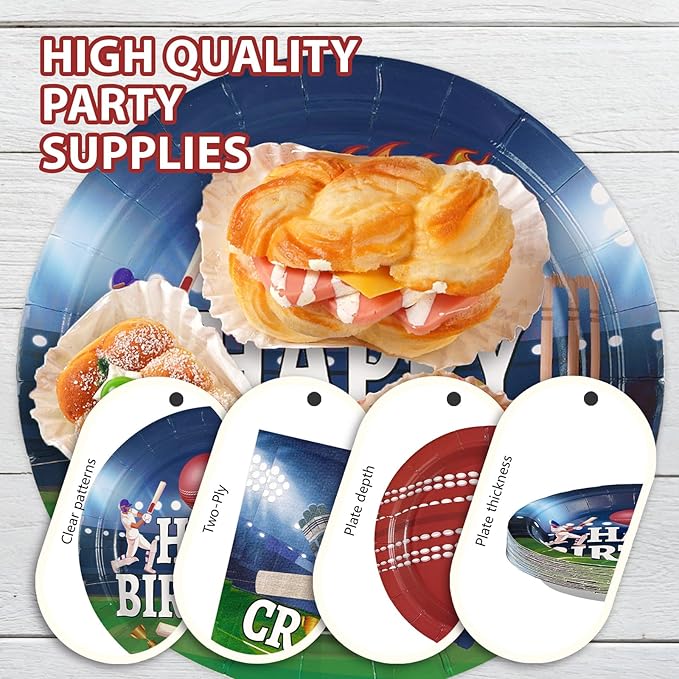 96Pcs Cricket Birthday Party Decoration Sports Theme Ball Plates and Napkins Blue Red Cricket Disposable Paper Tableware Set for Adults Kids Boys Girls Birthday Party Supplies Serves 24