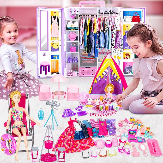 164 Pcs Doll Closet with 11.5 Inch Doll Clothes and Accessories Set, Camping Set, Princess Dresses, Camping Tent, Beach Swim Accessories Set, Diving Suit, Dress Up Toys for Girls Gift