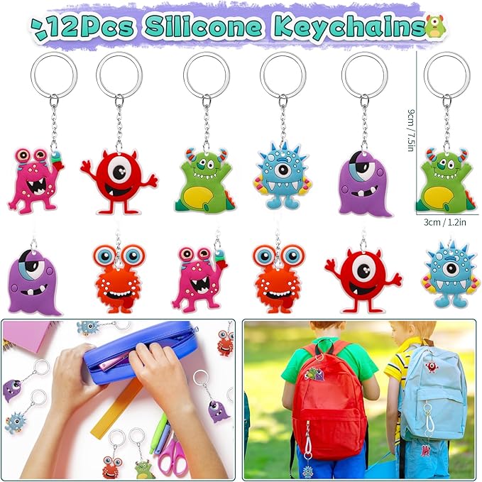 98Pcs Monster Party Favors Birthday Supplies for Kids, Drinking Straw Keychain Slap Bracelet Glow Tattoo Sticker Cartoon Sticker, Goodie Bag Stuffer Filler Girls Boys Monster Party Supplies Decor