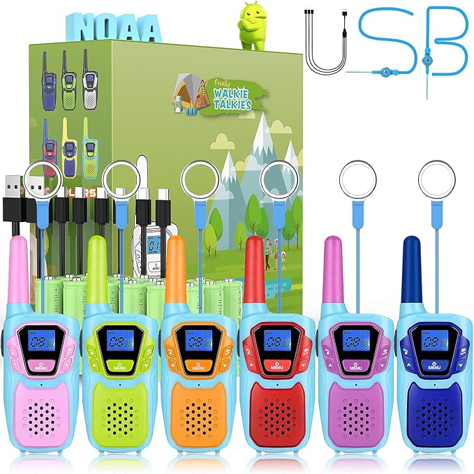 Walkie Talkies for Kids Long Range Walkie-Talkie for Adults Rechargeable 6 Pack with Lanyard NOAA USB, Family Pink 2 Way Radio Toys for 3-12 Year Old Boys Girls Toddlers Camping Skiing
