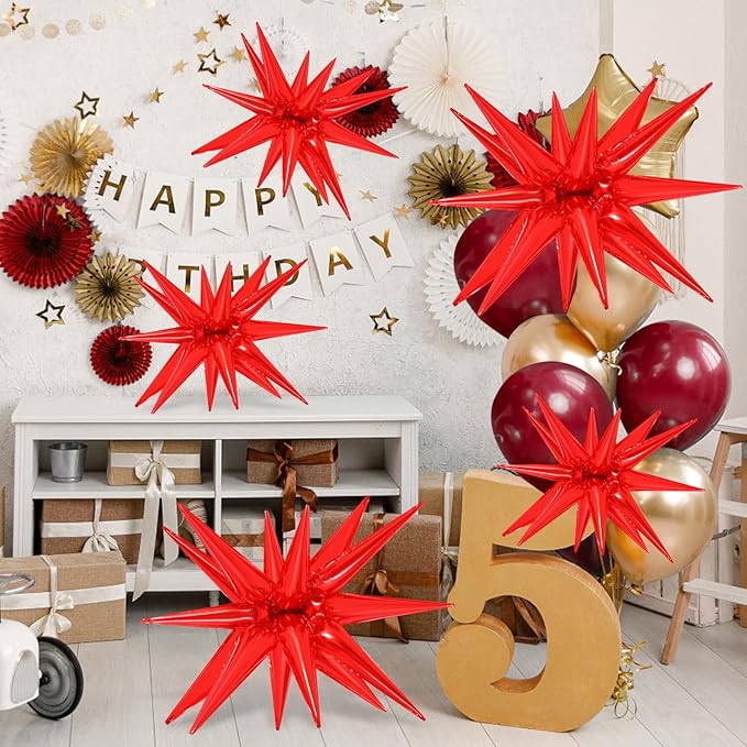 10 Pcs Red Star Balloons Explosion Starburst Balloons Foil Cone Balloon Magic for Birthday Wedding Anniversary Party Backdrops Decorations Supplies, 6 Pcs 22Inches and 4 Pcs 27Inches
