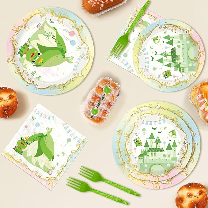 96Pcs Princess Frog Party Supplies Green Frog Plates and Napkins Green Princess Dress Tableware Set for Girls' Fairytale Baby Shower Magical Party Decorations Serves 24