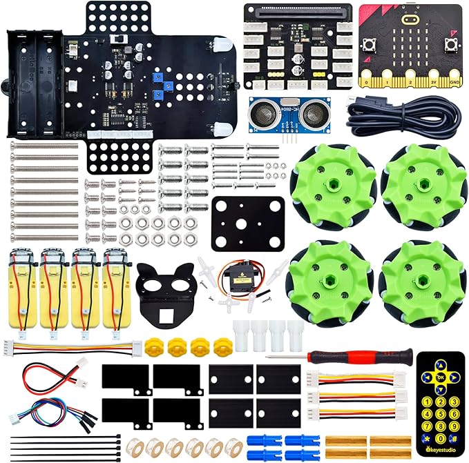 KEYESTUDIO 4WD Smart Car Coding Robot Kit with Microbit V2 for Makecode and Python, DIY Building Robot Kit for STEM Education 15+, IR Remote/APP Control