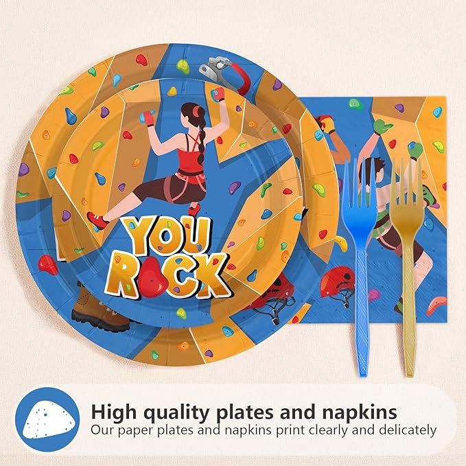 96 Pcs Rock Climbing Plates and Napkins Climbing Birthday Party Supplies Adventurer Climber Sport Tableware Set for Kids Adults Sports Theme Birthday Party Supplies, Serves 24