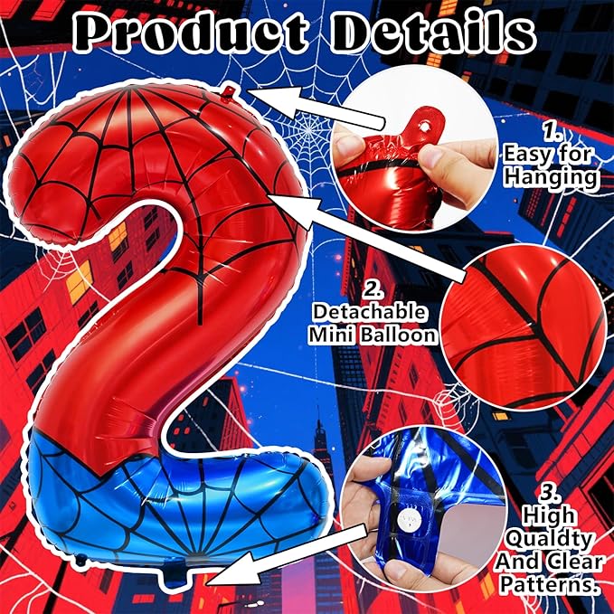 Spider Web Number 2 Balloon Birthday Decoration, Superhero Themed 40in Giant Mylar Number Party Supplies