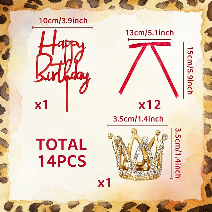 Cheetah Cherry Cake Topper Leopard Birthday Party Decor Red Bows Gold Crown Cake Decorations Cheetah and Cherry Birthday Bachelorette Party Supplies