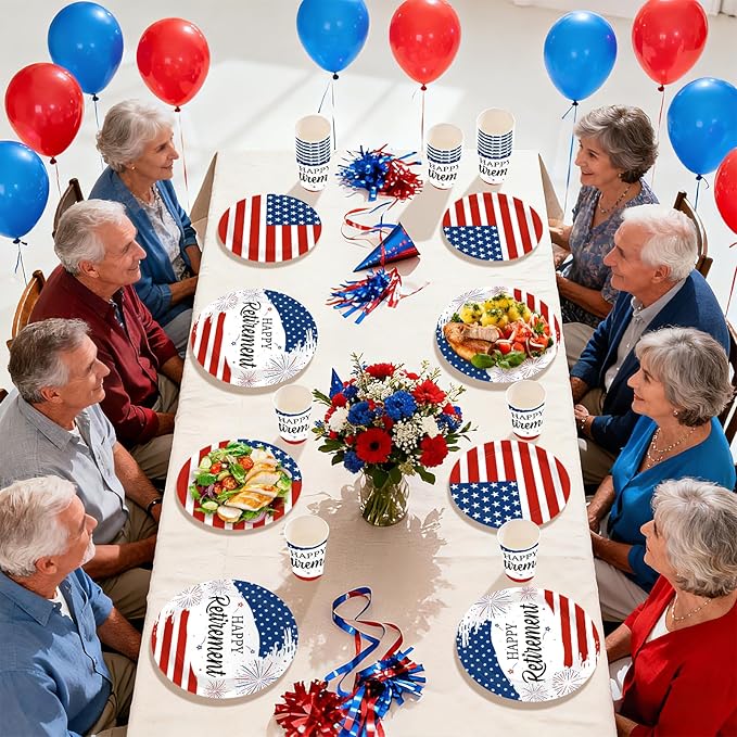 168Pcs We Are So Proud of You Party Supplies Military Happy Retirement Plates Napkins Cups Forks Knives Spoons Red White Blue Paper Tableware for Retirement Veterans Day Supplies Serves 24