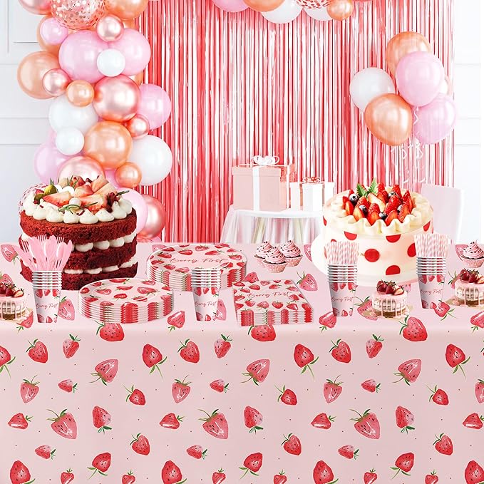 Strawberry Berry First Birthday Party Supplies - Strawberry 1st Birthday Party Decorations Tableware, Plate, Cup, Napkin, Fork, Serve 24
