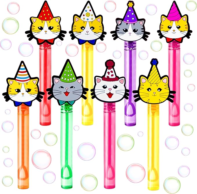 Cat Party Favors for Kids – 24PCS Cute Kitten Bubble Wands, Great for Birthday Supplies, Pinata Fillers, Goodie Bags & Classroom Rewards