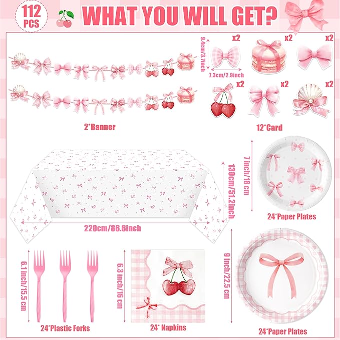 Coquette Pink Bow Party Decoration Set - Serves 24- 112Pcs Bowknot Bachelorette Bridal Themed Tableware Disposable Plate Napkin Tablecloth Banner Card for Birthday Party Supplies