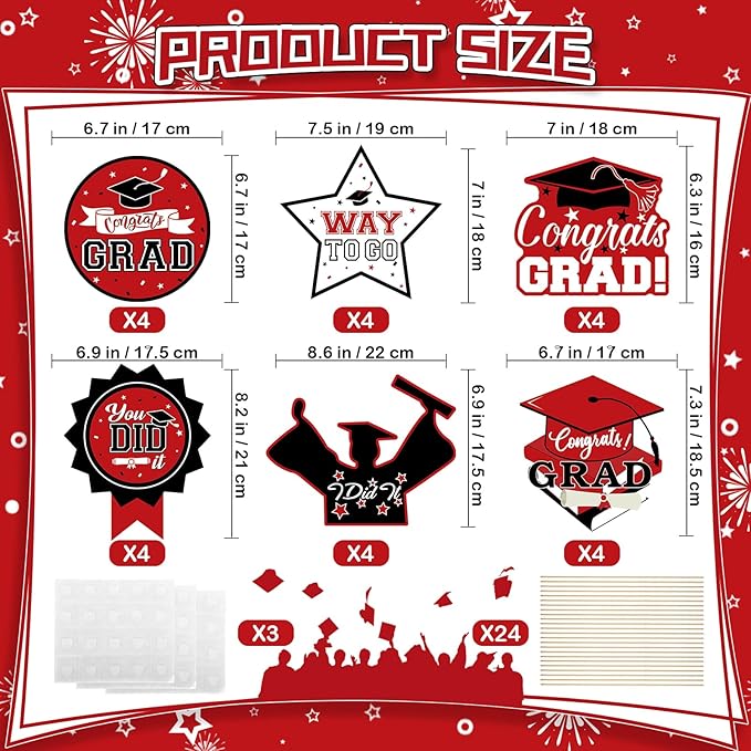 24Pcs Graduation Party Decorations Class of 2026, Graduation Centerpieces for Tables, 2026 Congrats Grad Party Centerpiece Stick Table Toppers for Graduation Party Supplies (Red)