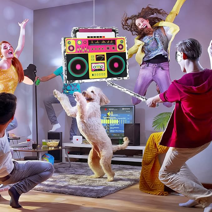 Boombox Pinata with Stick & Hanging Loop Retro 90s Theme Radio Music Mexican Pinata for Birthday Party Games Back to the 80s Party Supplies for Kids & Adults