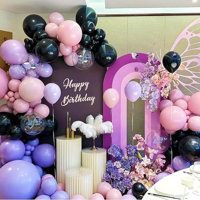 Purple Pink Balloons, 12 Inchs Black Pink Purple Metallic Purple Balloons, Pink and Black Birthday Balloons for Birthday Party Baby Shower Wedding Decorations