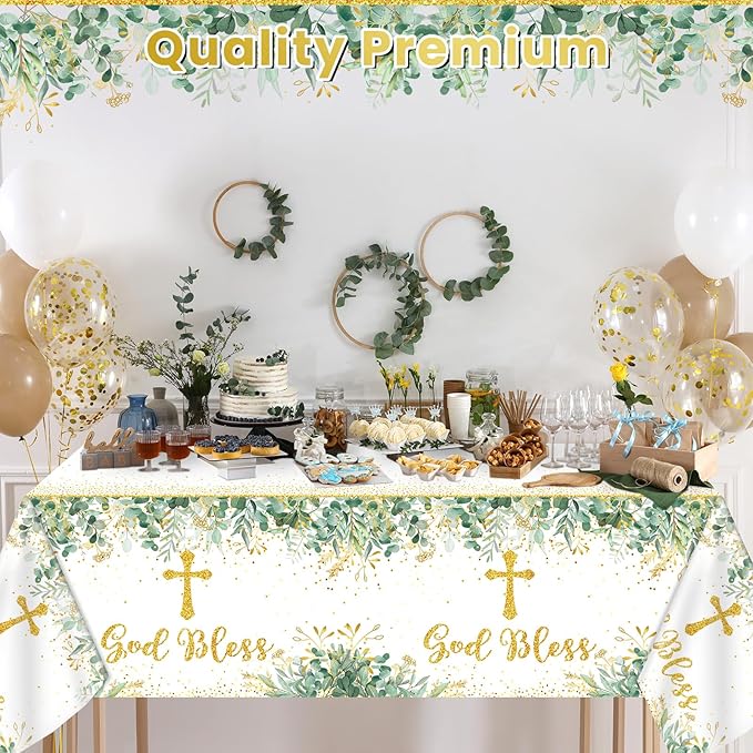 3Pcs God Bless Baptism Tablecloth First Communion Holy Tablecloth Decorations Mi Bautizo Christening Table Cover Disposable Tablecloths for Boys Girls Newborn Baby Shower Party Supplies 54 x 108 inch