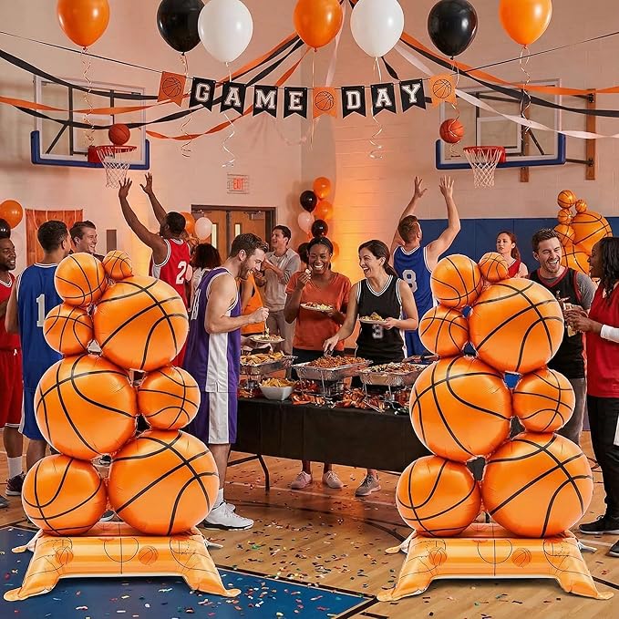 Soulchen 2 Pack Giant Self Standing Basketball Foil Balloons 3.5 ft with Field Base for Birthday Themed Party Decoration Sports Supplies Decor (Basketball Pile)