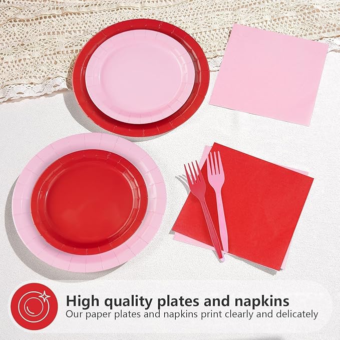96Pcs Pink Red Birthday Party Decorations Red and Pink Plates and Napkins Disposable Solid Color Paper Tableware Set for Girls Women Birthday Mother's Day Bridal Shower Party Supplies Serves 24