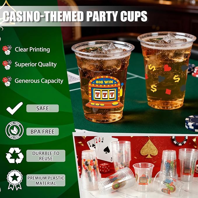100 Pcs Casino Party Cups, 16 Oz Casino Plastic Cup Poker Clear Disposable Drinking Cups for Poker Game Night Themed Party Decoration Birthday Wedding Party Supplies