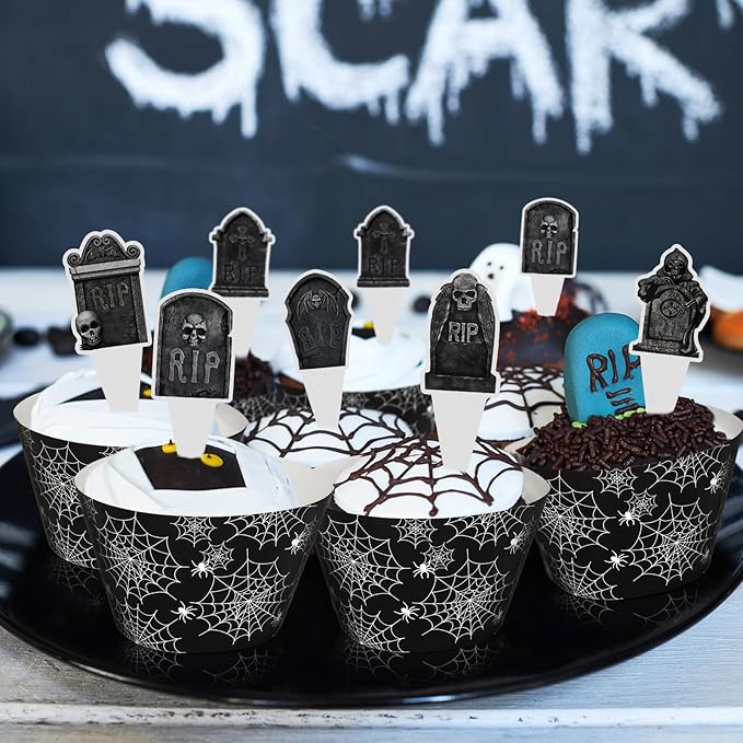 48 Pack Halloween Cupcake Toppers and Black Spider Web Wrappers, Tombstones Skeleton Cupcake Picks Decoration for Halloween Party Birthday Party Supplies