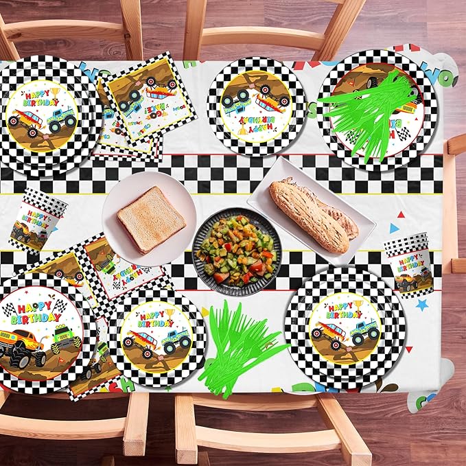Monster Truck Party Supplies,Monster Machine Happy Birthday Checkered Tableware Sets Include Monster Trucks Theme Party Paper Plate Napkins for Monster Truck Birthday Party Decorations