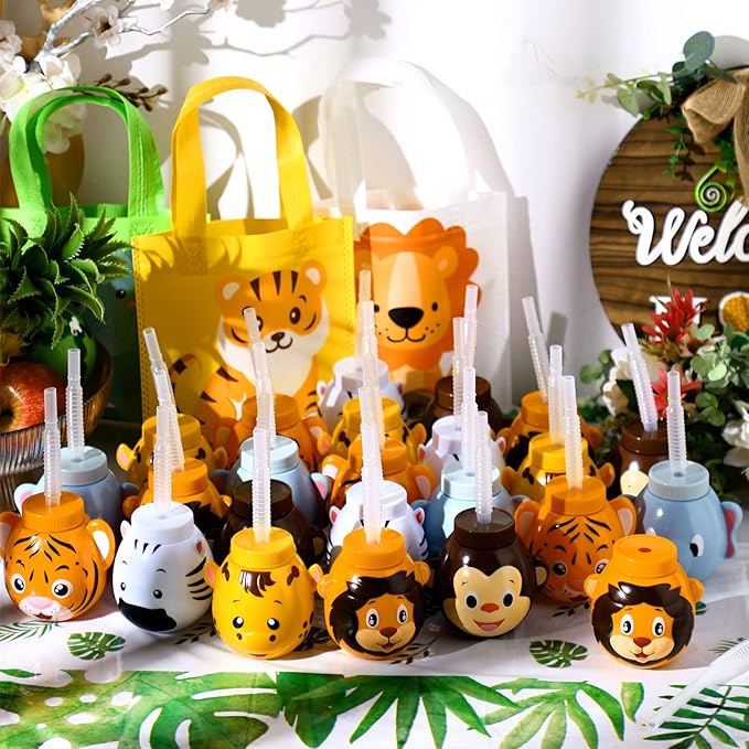 Hoolerry 24 Sets Zoo Animal Cups with Straws and Lids, 10 oz Plastic Reusable Safari Jungle Animal Theme Kids Cups for Safari Birthday Party Supplies