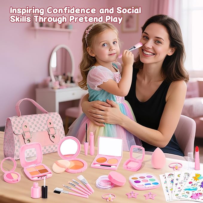 Toddlers Pretend Play Makeup Set for Kids 3-5, Fake Makeup for Girls with Toddler Purse, Make up Kit Toys for 3 4 5 6 7 Year Old Little Girls Birthday Gift