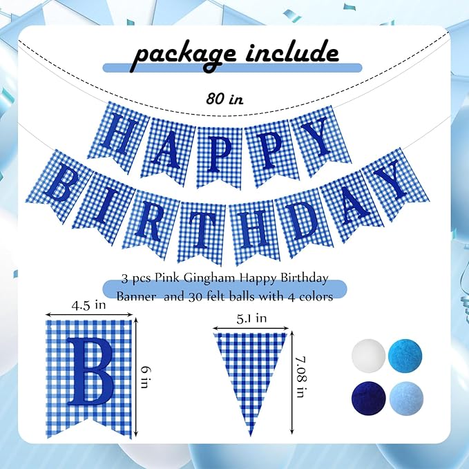 Set of 4 Blue Gingham Happy Birthday Banner Plaid Checkered Pennant Banner Decorations Felt Ball Happy 1st Birthday Garland for Gingham Party Supplies