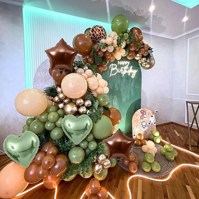 Sage Green Brown Birthday Decorations,Coffee Nude and Gold Jungle Safari Balloons Camo Army Woodland Forest Hunting Birthday Party Decorations Animal Theme Kids Birthdays Decor