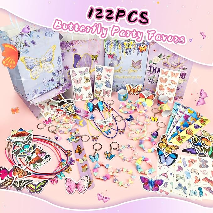 Butterfly Party Favors 122Pcs Butterfly Themed Birthday Supplies Set Fairy Party Favors Decorations Keychains Bracelets Goodie Bags Tattoo Stickers Gifts for Pinata Filler