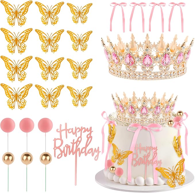 Hooqict 24Pcs Crown Cake Decorations Set with Pink Bows Gold Butterflies Happy Birthday Crown Cake Toppers & Cupcake Toppers for Girls Women Pastel Princess Queen Birthday Party Decorations Supplies