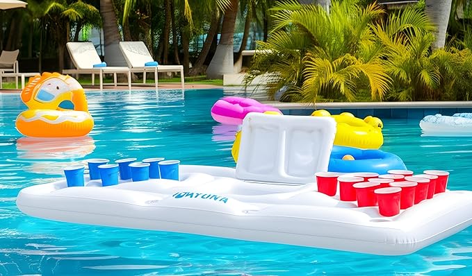 NAYUNA Floaty with Cooler & 20 Party Cups - Inflatable Pool Table Summer Party Pool Games Accessories for Adults 6 Feet Inflatable Pool Lounge Float, 4 Ping Pong Balls, 20 Cups