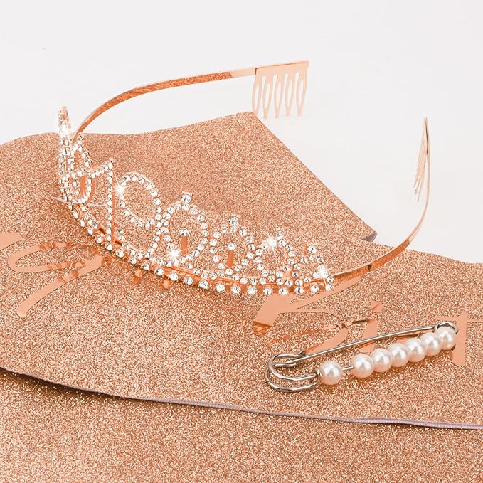 CIEHER 19th Birthday Crown and Sash for Girls, It's My 19 Bday Sash, 19th Birthday Decorations Rose Gold