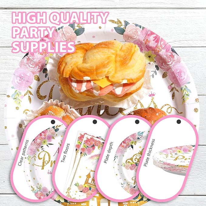 Grencian 96Pcs Princess Baby Shower Birthday Party Decorations A Little Princess is on Her Way Paper Plates and Napkins Castle Themed Birthday Tableware for Girls One Year Old Fairytale Party Supplies