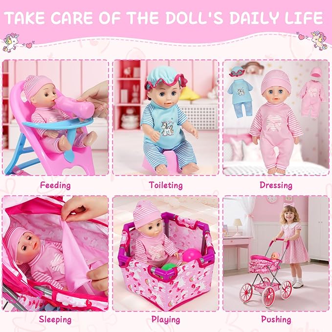Unicorn Baby Doll Stroller Set with 11'' Baby Doll, Foldable Doll Stroller, Playpen, Dining Chair and 24 PCS Baby Doll Accessories, Doll Playset Toy for Girls Toddlers 3-5 4-6 Birthday Gifts