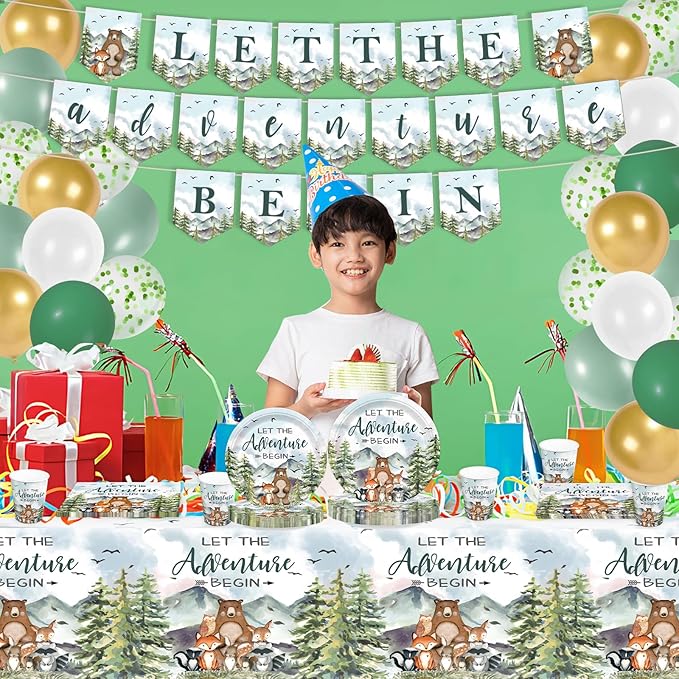 231pcs Let The Adventure Begin Party Supplies Baby Shower Plates Napkins Adventure Tableware Set Disposable Cups Forks Tablecloth Banner and Balloons for Baby Shower Party Decorations Serve 24