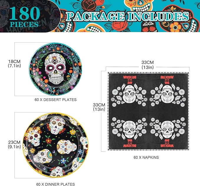 180Pcs Day of the Dead Party Supplies Paper Plates and Napkins Serve 60 Disposable Tableware Set for Birthday Party Decorations Game Day Family Holiday Sports Events