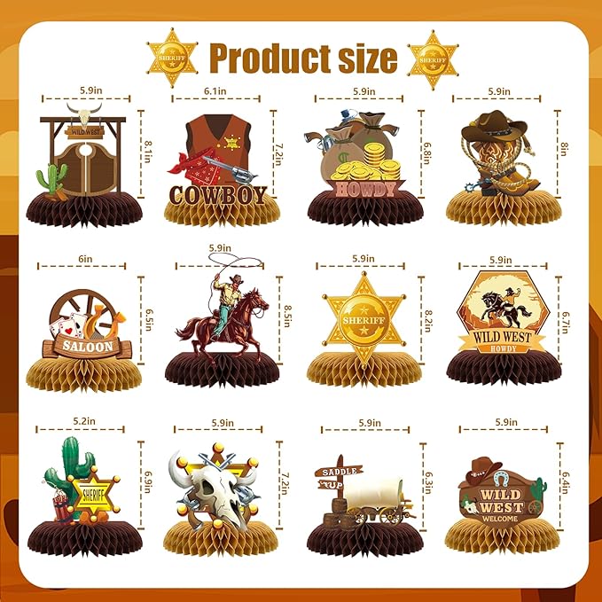 12 Pcs Wild West Party Decorations, Western Cowboy Happy Birthday Decorations, Cowboy Table Honeycomb Centerpieces Decor Table for Party Supplies for Women Men The West Cow Boys Girls Cowgirl Rodeo