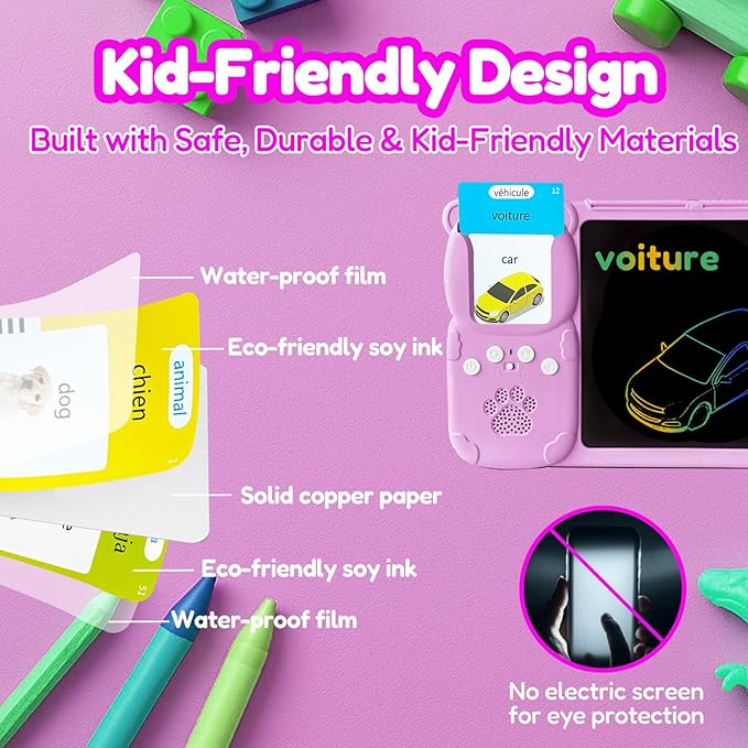Drawing Tablet with Bilingual Flashcards for Kids - French English Talking Flash Cards, LCD Writing Pad Board, Pocket Speech for Toddlers, Learning Toy Gift for Boys Girls (French, Pink)
