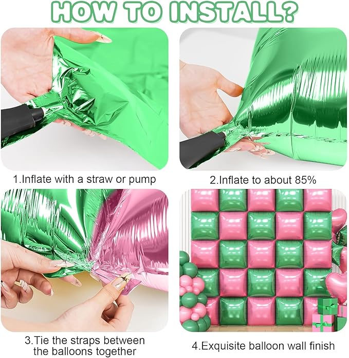 Pink Green Square Foil Balloon Wall,25Pcs Double Sided Foil Balloons Backdrop Helium Tunnel Arch Garland Kit for Girls Witch Themed Birthday Baby Shower Anniversary Party Decorations