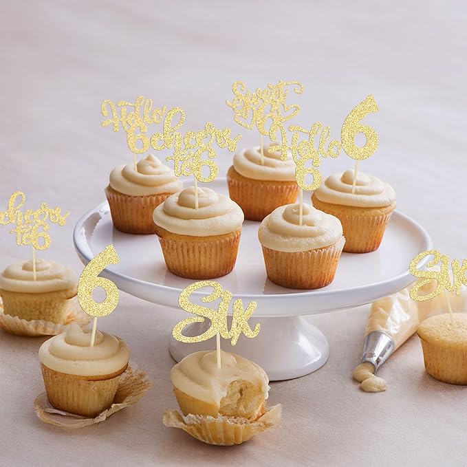 30Pcs 6th Birthday Cupcake Toppers Glitter Six Hello 6 Cupcake Picks Cheers to 6 Years Old Cake Decorations for 6th Birthday Party Supplies Gold