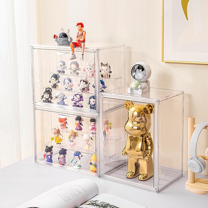 Attelite Acrylic Display Case for Collectibles, 3 Tier Figure Display Cases with 2 Movable Dividers, Clear Stackable Display Box Showcase with Magnetic Door for Action Figures