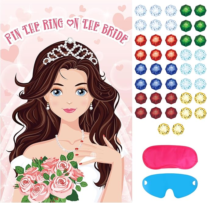 Hxezoc Pin The Ring on The Bride Game - 42 Pcs Rings, Large Bridal Games Poster for Shower, Wedding, Birthday, Carnival Party Supplies