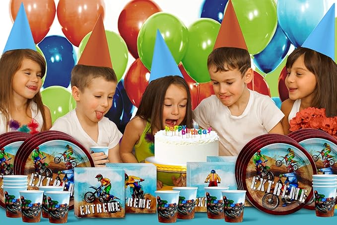 Dirt Bike Birthday Party Supplies - Boy's Motorcross Birthday - Motorcycle Part Set Includes Plates Napkins Cups Tableware Kit for 16