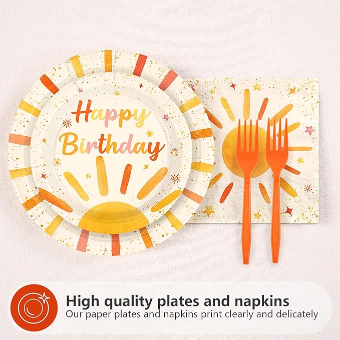 96Pcs First Trip Around the Sun Party Decorations for Girl Boho Sun 1st Birthday Plates and Napkins Sets The Sunshine Number 1 Birthday Decorations for Boho Boys One Year Old Party Supplies Serves 24