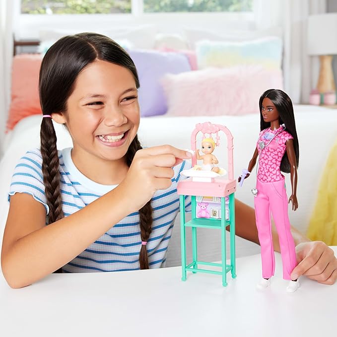 Barbie Baby Doctor Playset with Brunette Fashion Doll Wearing Pink Scrubs, Baby Doll, Furniture & Accessories