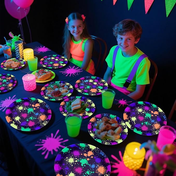 Neon Paper Plates - Glow in the Dark Party Supplies Include 7'' 9'' Printed with Graffiti Plates for Let's Glow Party Decorations, Serves 20